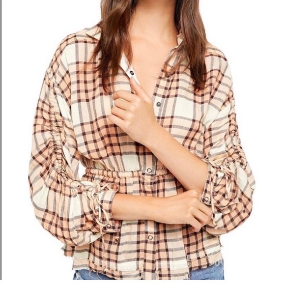 We The Free Tops - We The Free Plaid Button Down Women XL  Ruched Sleeve Cinched Waist Boho